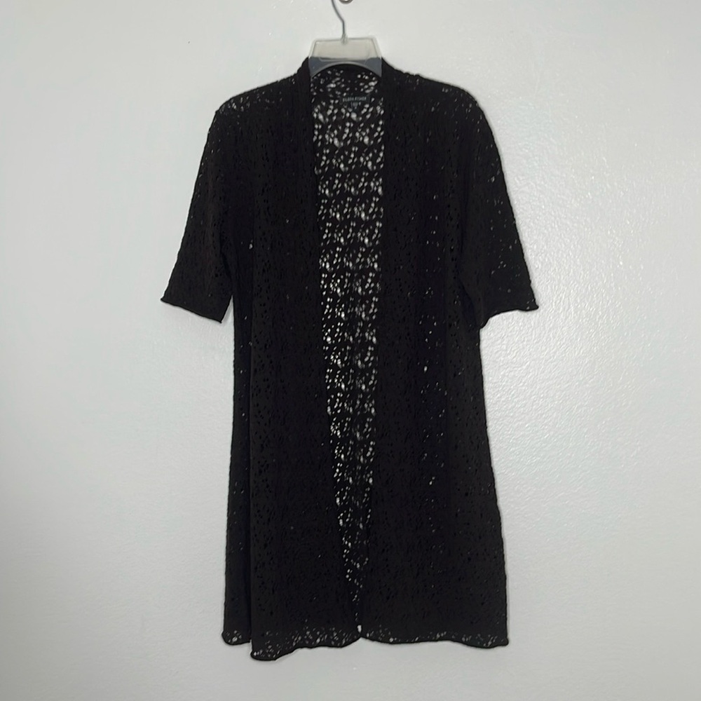 EILEEN FISHER Brown Loose Weave Long Knit Lacey Short Sleeve Open Cardigan Med